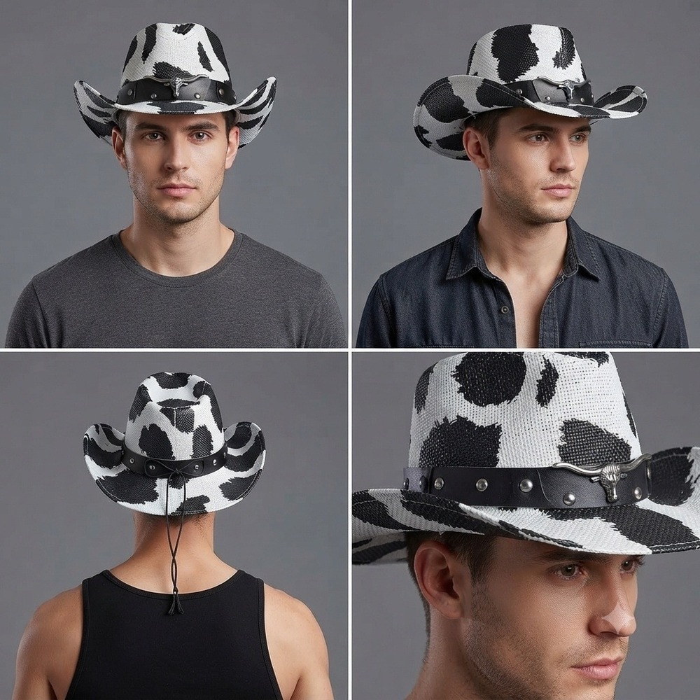 Mens Cow Print Cowboy Hat Black White Western Straw Longhorn Bull Studded Band